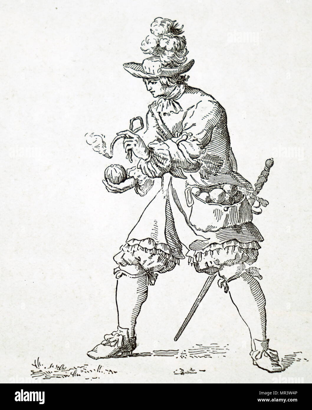 Illustrazione raffigurante un granatiere francese illuminazione il fusibile di una granata. Risalenti al XVII secolo Foto Stock