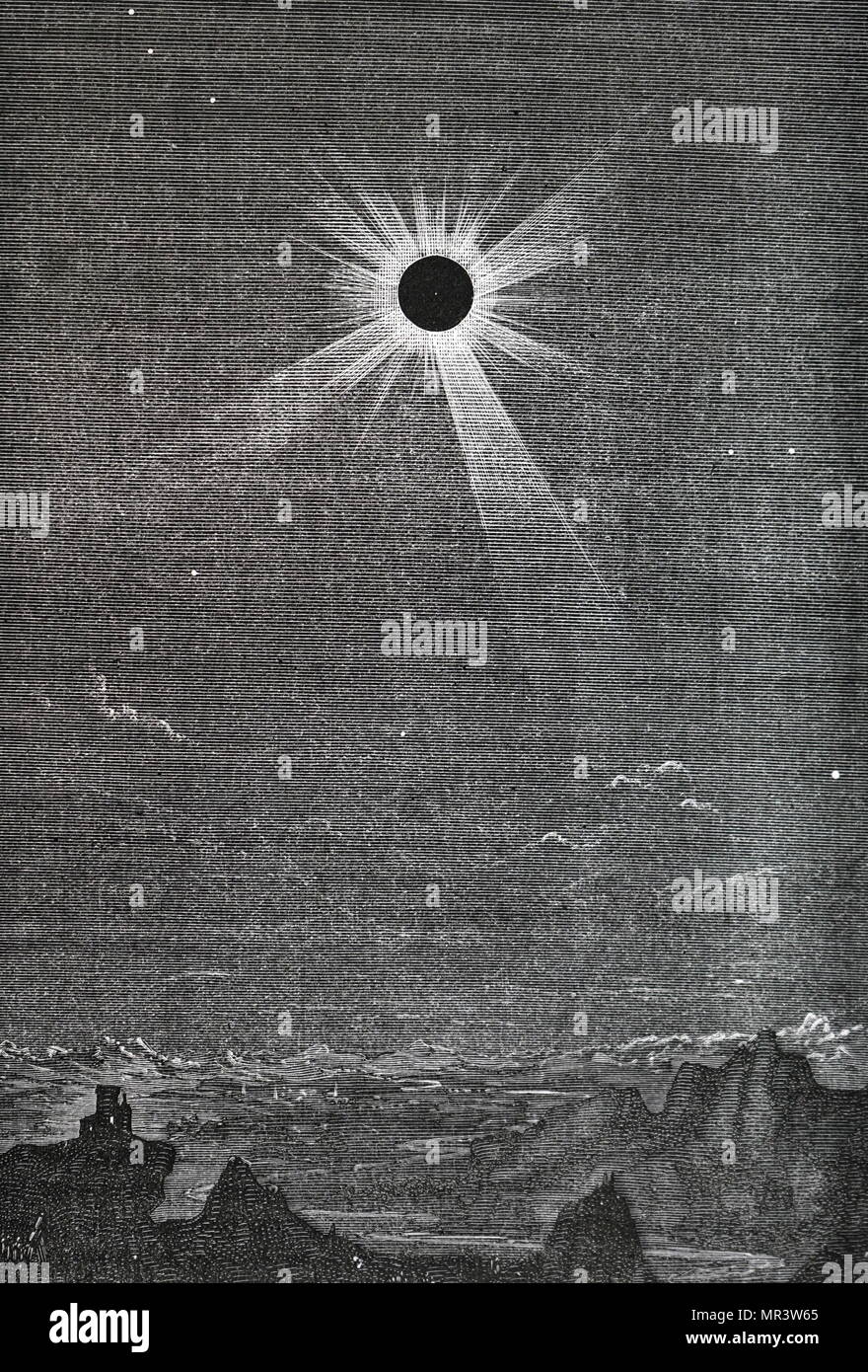 Incisione raffigurante le eclissi solare del 1878 come osservato da montagne rocciose. Datata del XIX secolo Foto Stock