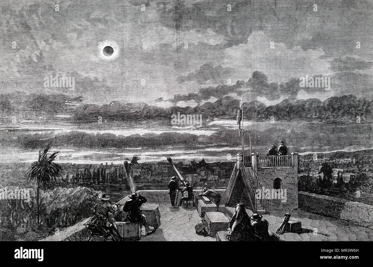 Incisione raffigurante la American expedition osservando l'Eclisse Solare Totale del 1870, da Xeres, San Antonio. Datata del XIX secolo Foto Stock