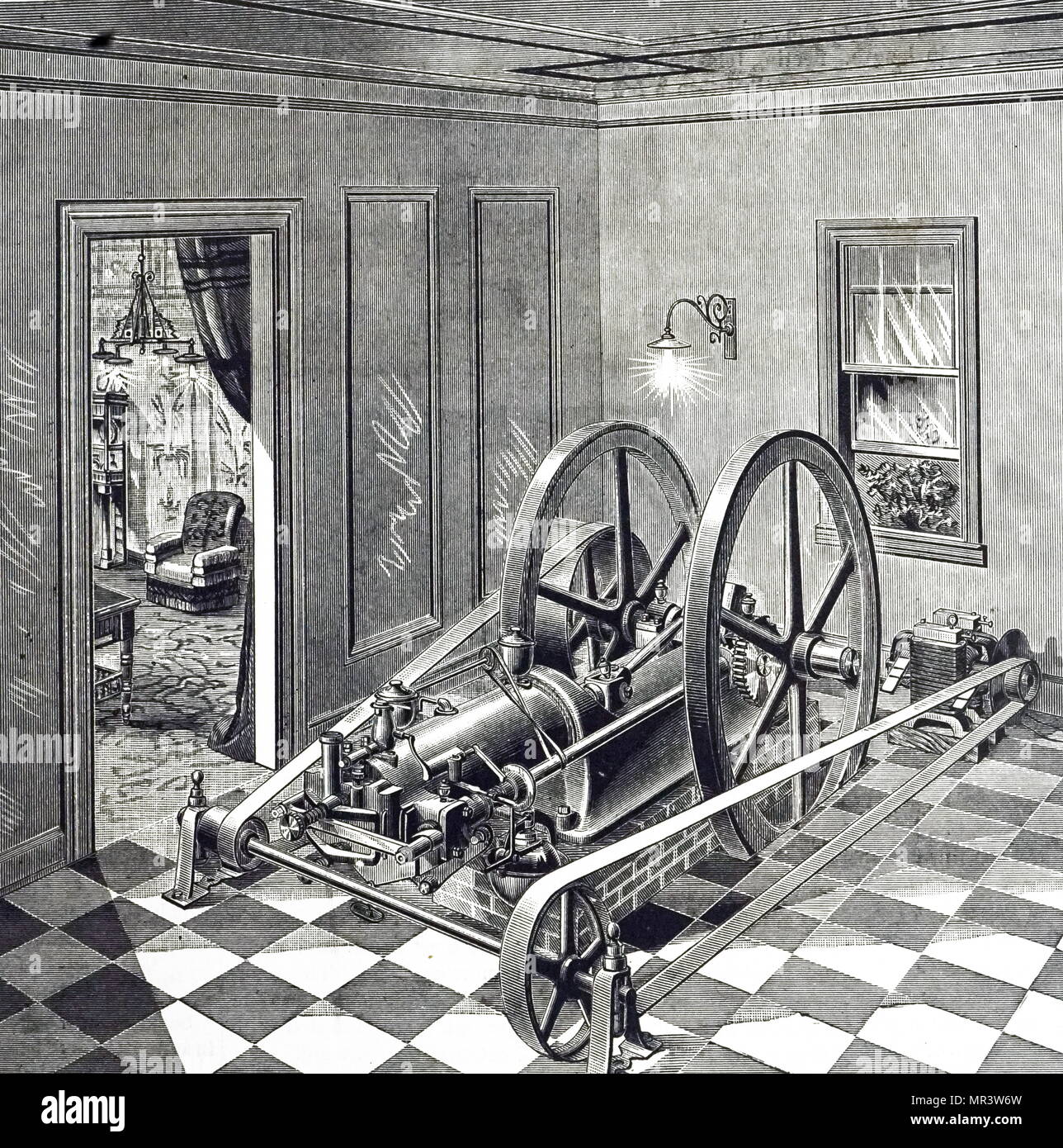 Incisione raffigurante un Otto motore a gas utilizzata per eseguire luci elettriche a Philadelphia mostra elettrico. Datata del XIX secolo Foto Stock