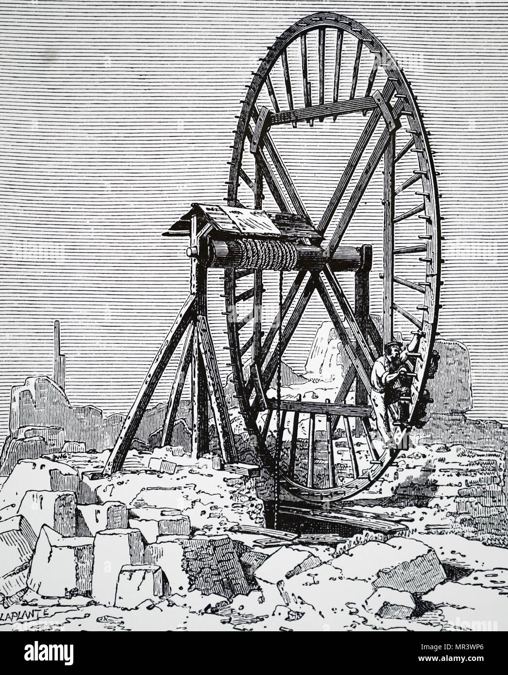 Illustrazione raffigurante un uomo con un battistrada ruota per sollevare i blocchi di pietra. Datata del XIX secolo Foto Stock