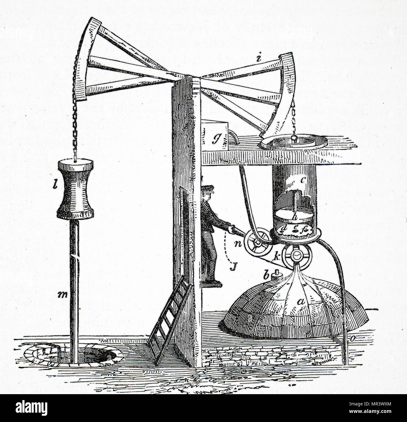 Incisione raffigurante un adattamento di Newcomen atmosferica del motore a vapore. La caldaia si trova al di fuori dell'immagine di sinistra, ma il cilindro aperto F) è chiaramente mostrata come il ricevitore e) che impedisce il passaggio di acqua fredda per la condensazione del vapore di entrare nella caldaia. Datata del XIX secolo Foto Stock