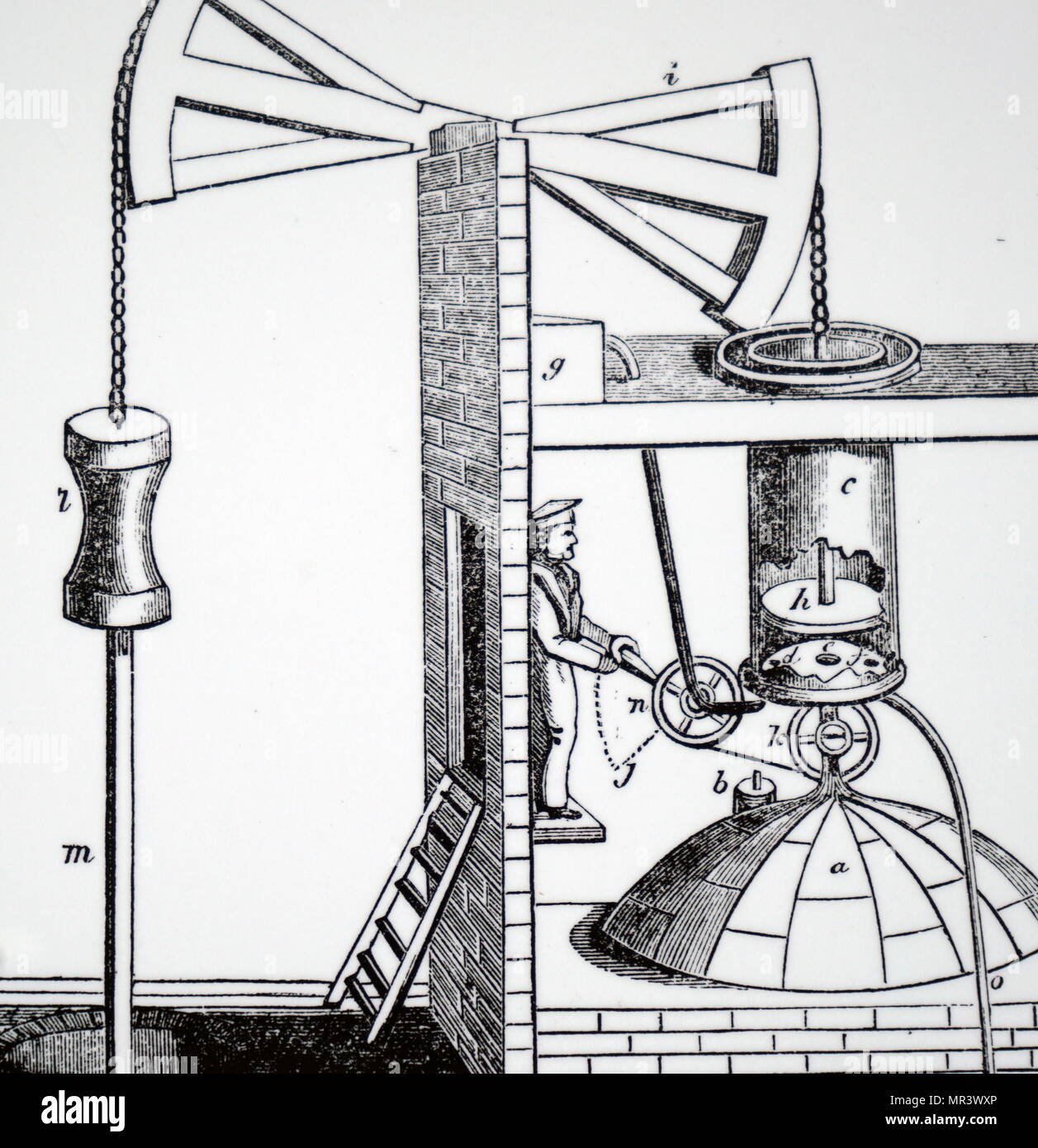 Incisione raffigurante un adattamento di Newcomen atmosferica del motore a vapore. La caldaia si trova al di fuori dell'immagine di sinistra, ma il cilindro aperto F) è chiaramente mostrata come il ricevitore e) che impedisce il passaggio di acqua fredda per la condensazione del vapore di entrare nella caldaia. Datata del XIX secolo Foto Stock