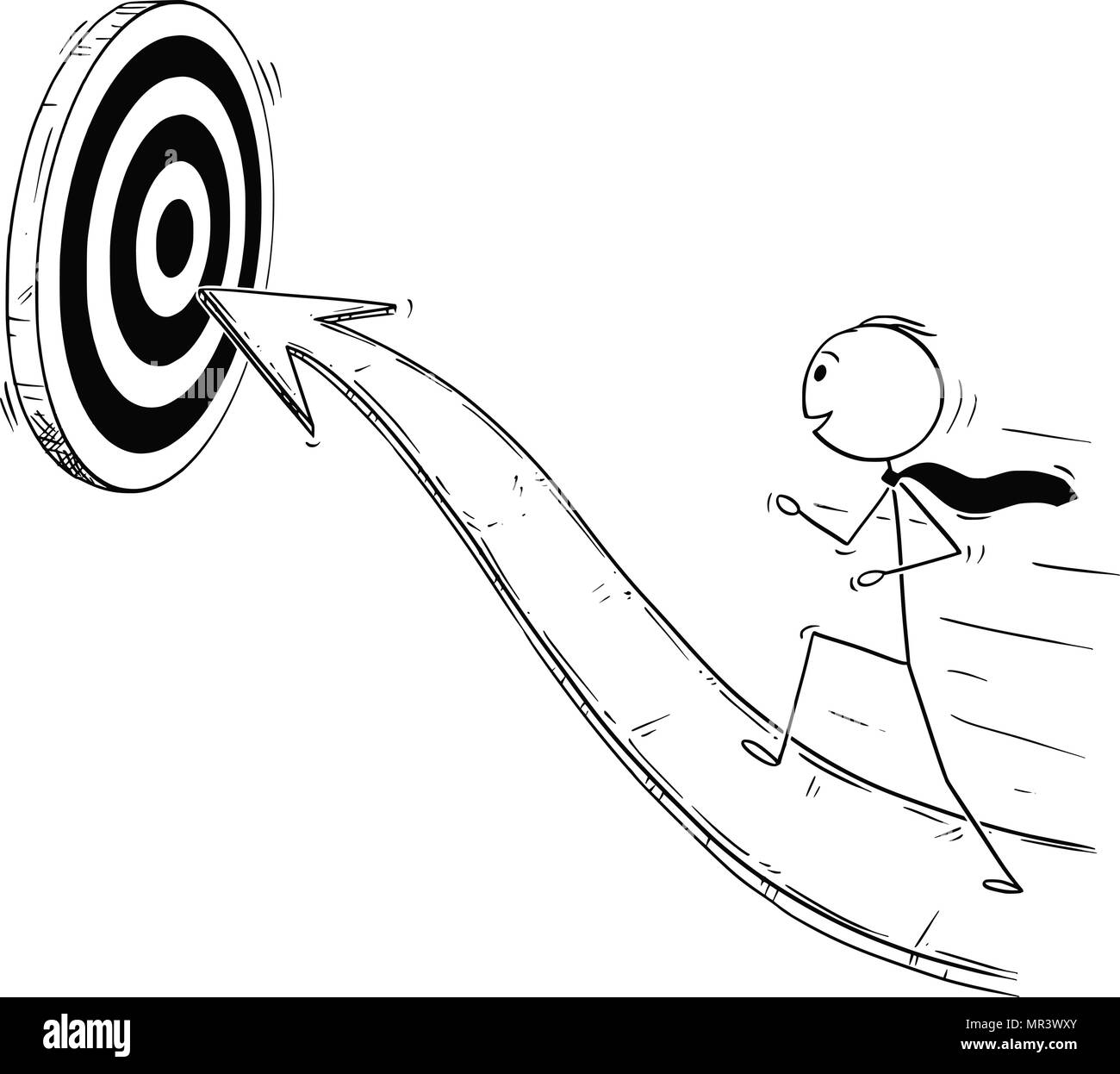 Cartoon di imprenditore in esecuzione sulla freccia per il successo Illustrazione Vettoriale