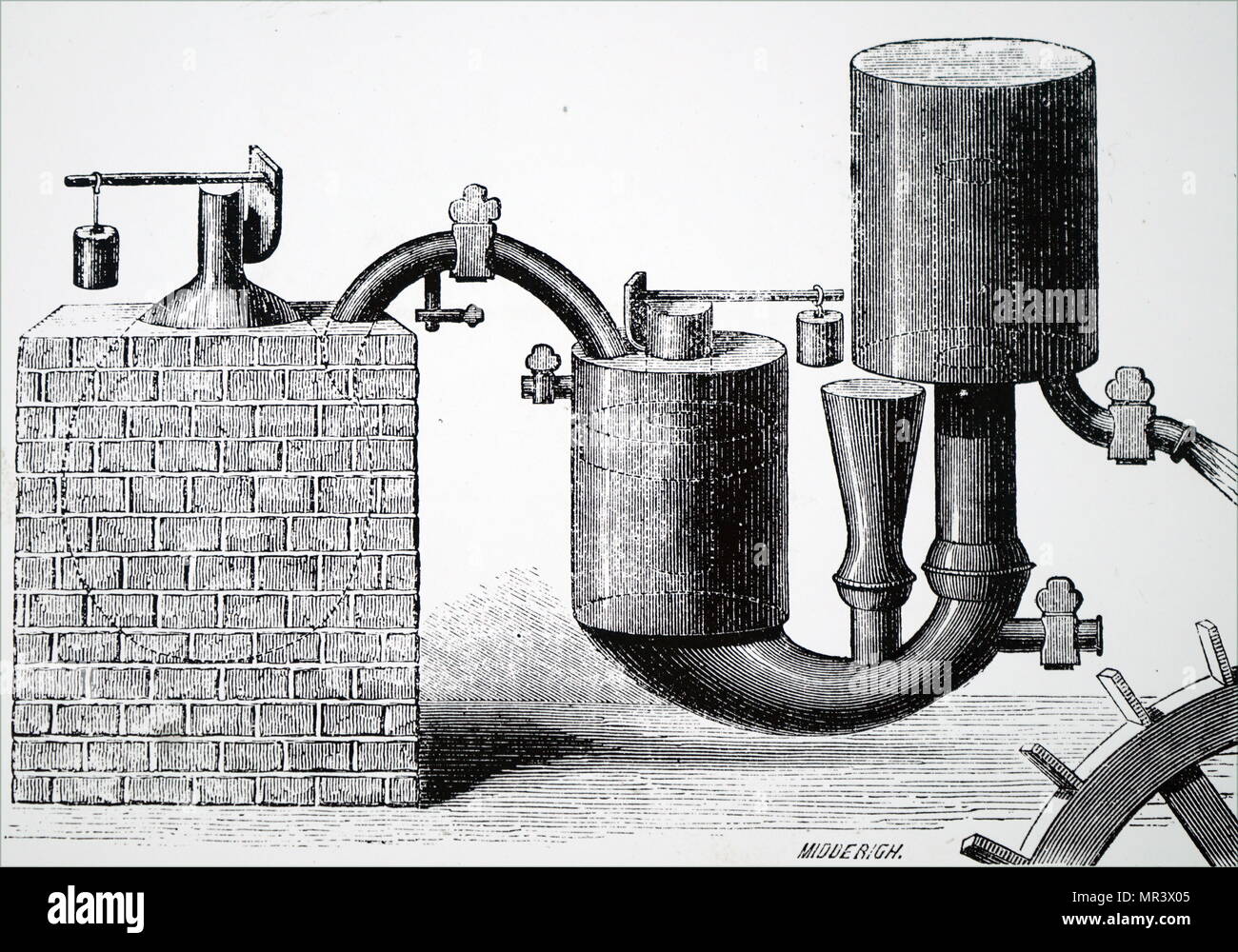 Illustrazione raffigurante Papin il motore di vapore (1707) per il  pompaggio di acqua dalle miniere. È stato il primo motore per usare la valvola  di sicurezza aveva inventato ventisette anni prima per