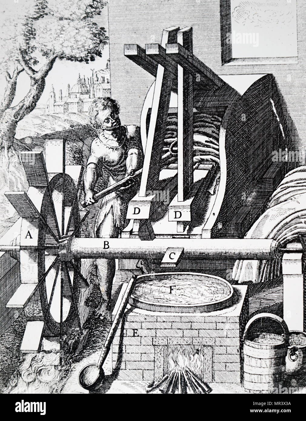 Incisione raffigurante una gualchiera alimentato da un undershot ruota di acqua. Risalenti al XVII secolo Foto Stock