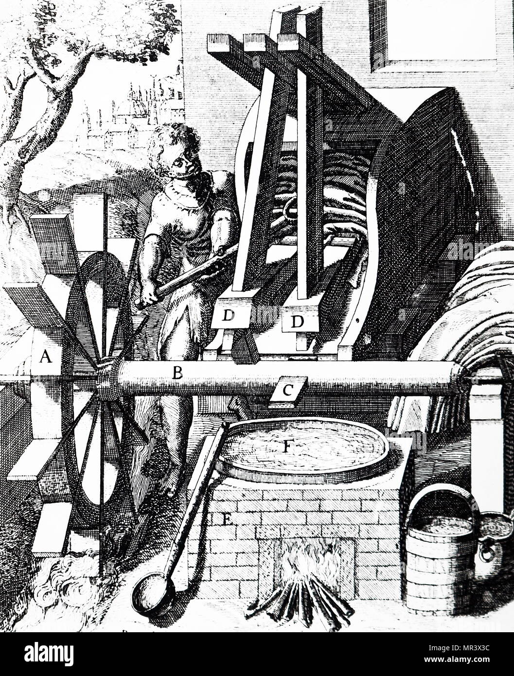 Incisione raffigurante una gualchiera alimentato da un undershot ruota di acqua. Risalenti al XVII secolo Foto Stock