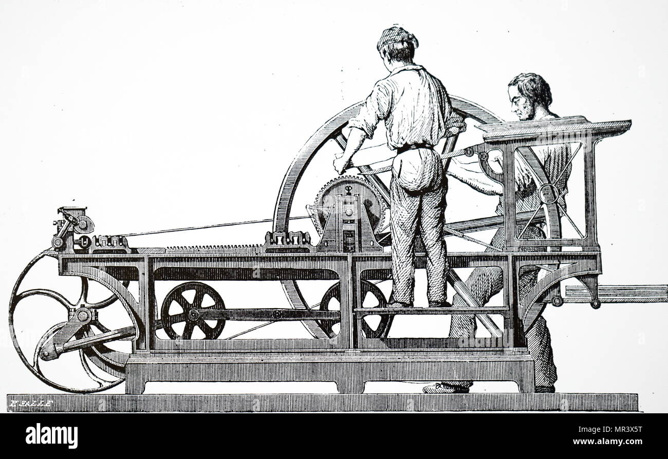 Incisione raffigurante un francese doppio cilindro prenota stampa con set-off e piegatura della carta apparecchiatura. Datata del XIX secolo Foto Stock
