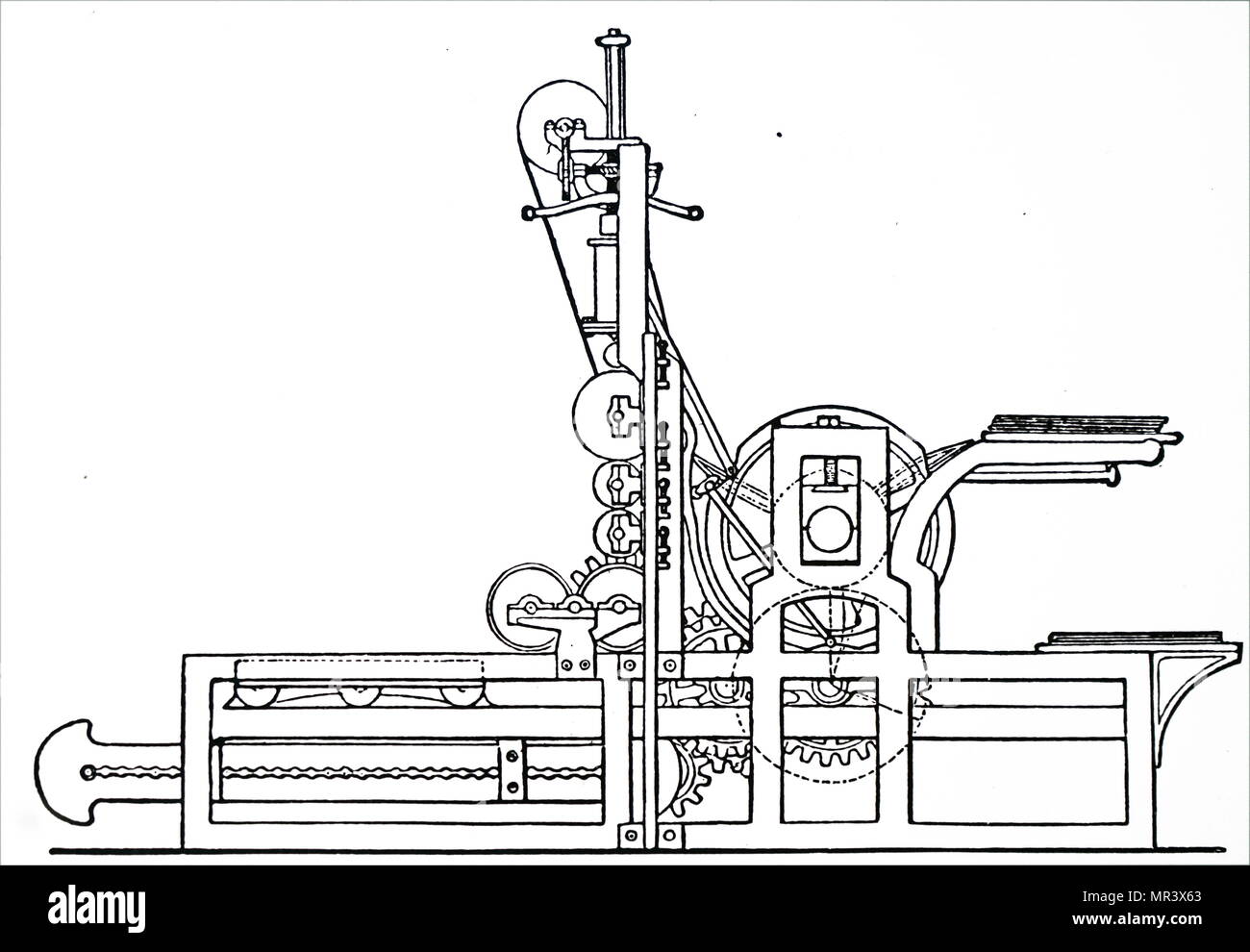 Incisione raffigurante Friedrich Koenig meccaniche del cilindro stampa di 1813. Friedrich Koenig (1774-1833) un inventore tedesco più noto per la sua alta velocità di vapore alimentato stampa. Datata del XIX secolo Foto Stock