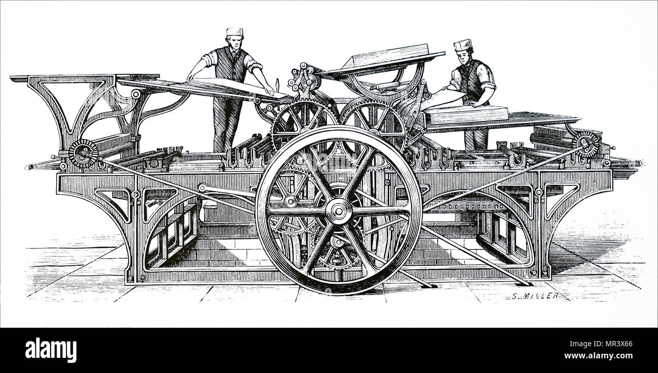 Incisione raffigurante un francese doppio cilindro prenota stampa con set-off e piegatura della carta apparecchiatura. Datata del XIX secolo Foto Stock