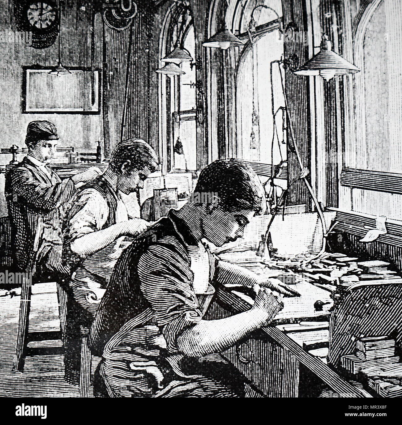 Illustrazione raffigurante la sala stampa di The Strand Magazine. Datata del XIX secolo Foto Stock