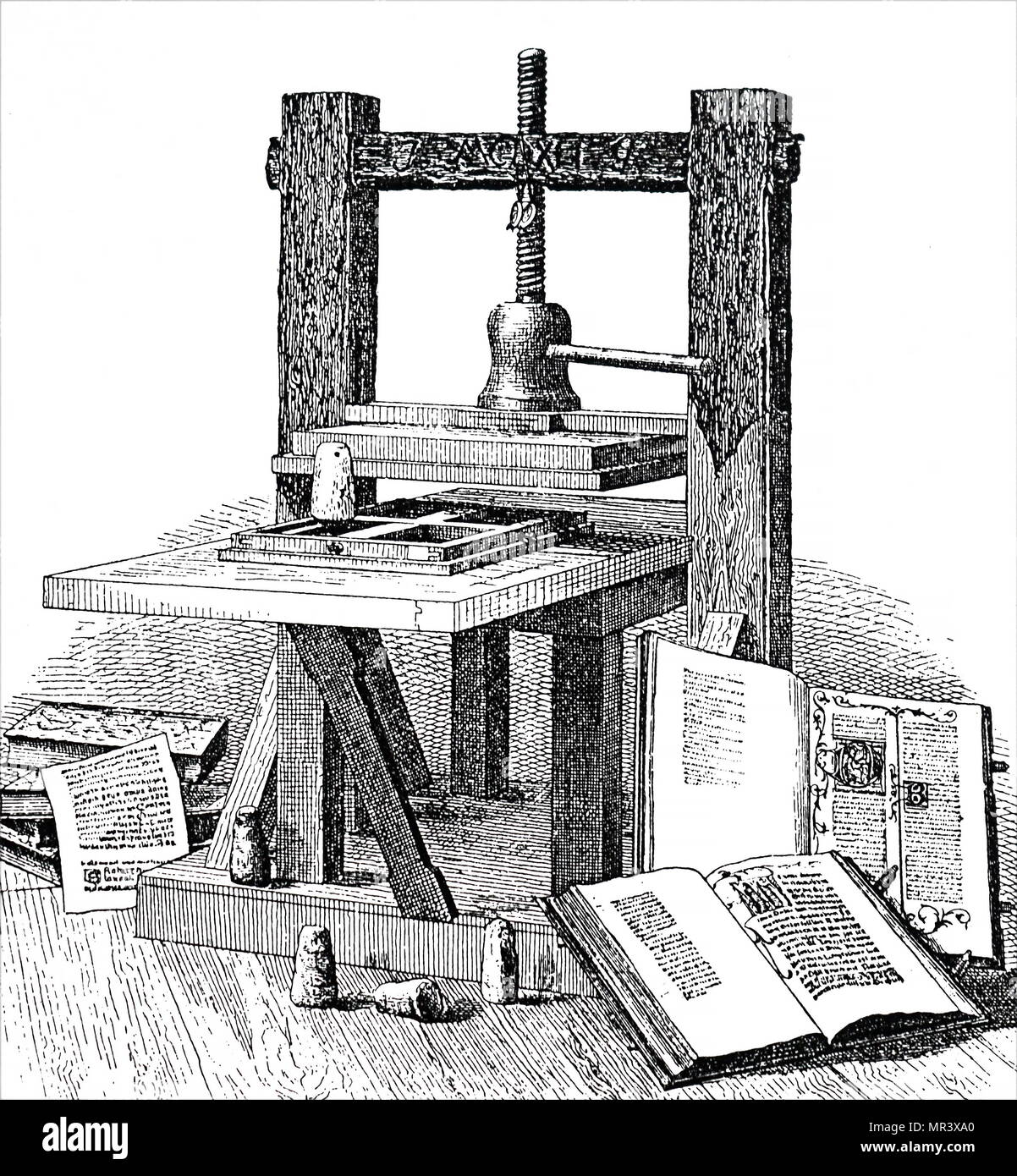 Incisione raffigurante Johannes Gutenberg la stampante. Johannes Gutenberg (1400-1468) un tedesco del fabbro, Goldsmith, di una stampante e di un editore che ha introdotto la stampa per l'Europa. Datata del XIX secolo Foto Stock