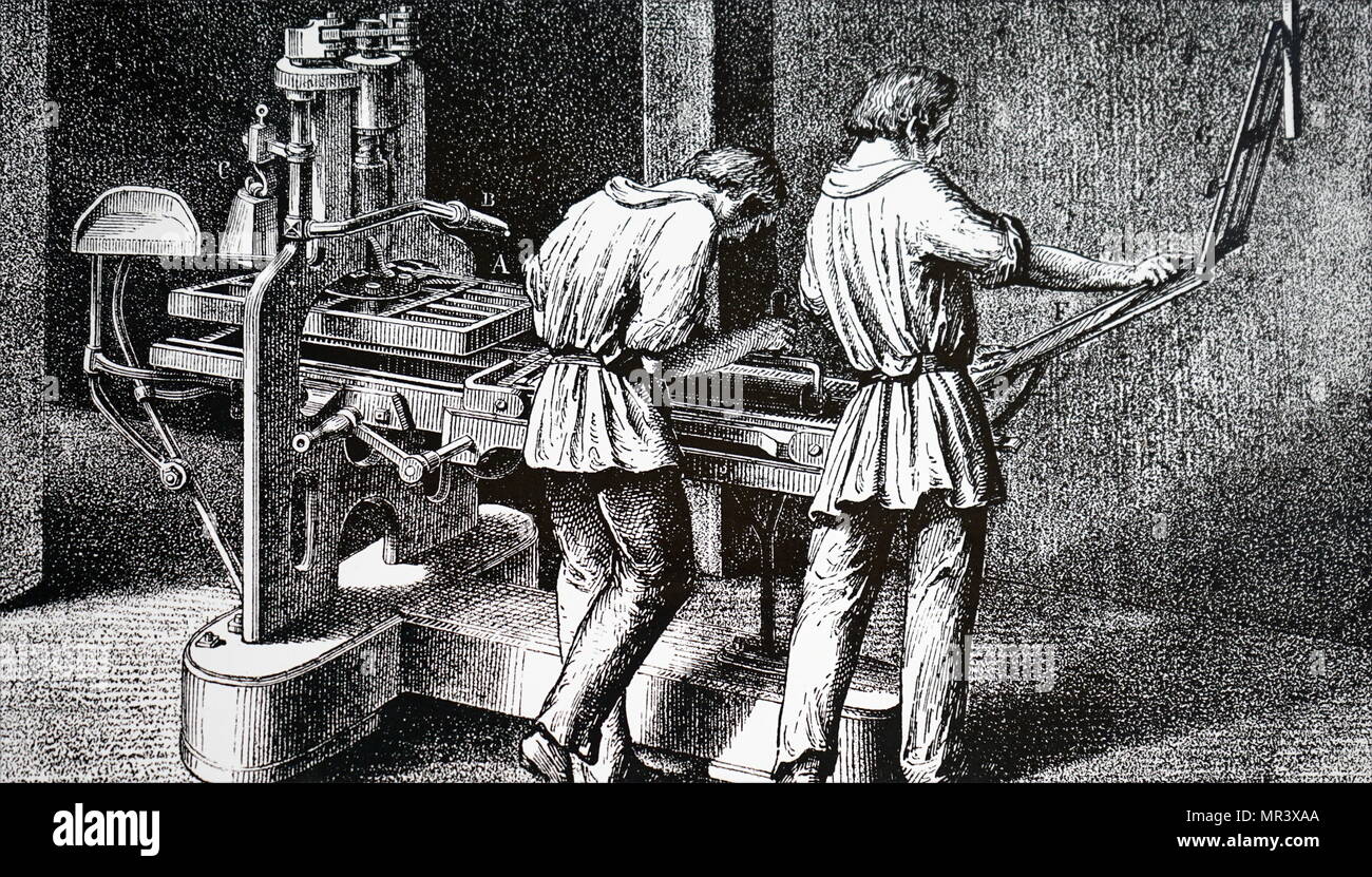Illustrazione raffigurante lo Stanhope Premere: forma migliorata di comuni di stampa premere ideato da Charles, terzo Earl Stanhope (1753-1816) che è stato adottato quasi universalmente. Datata del XIX secolo Foto Stock