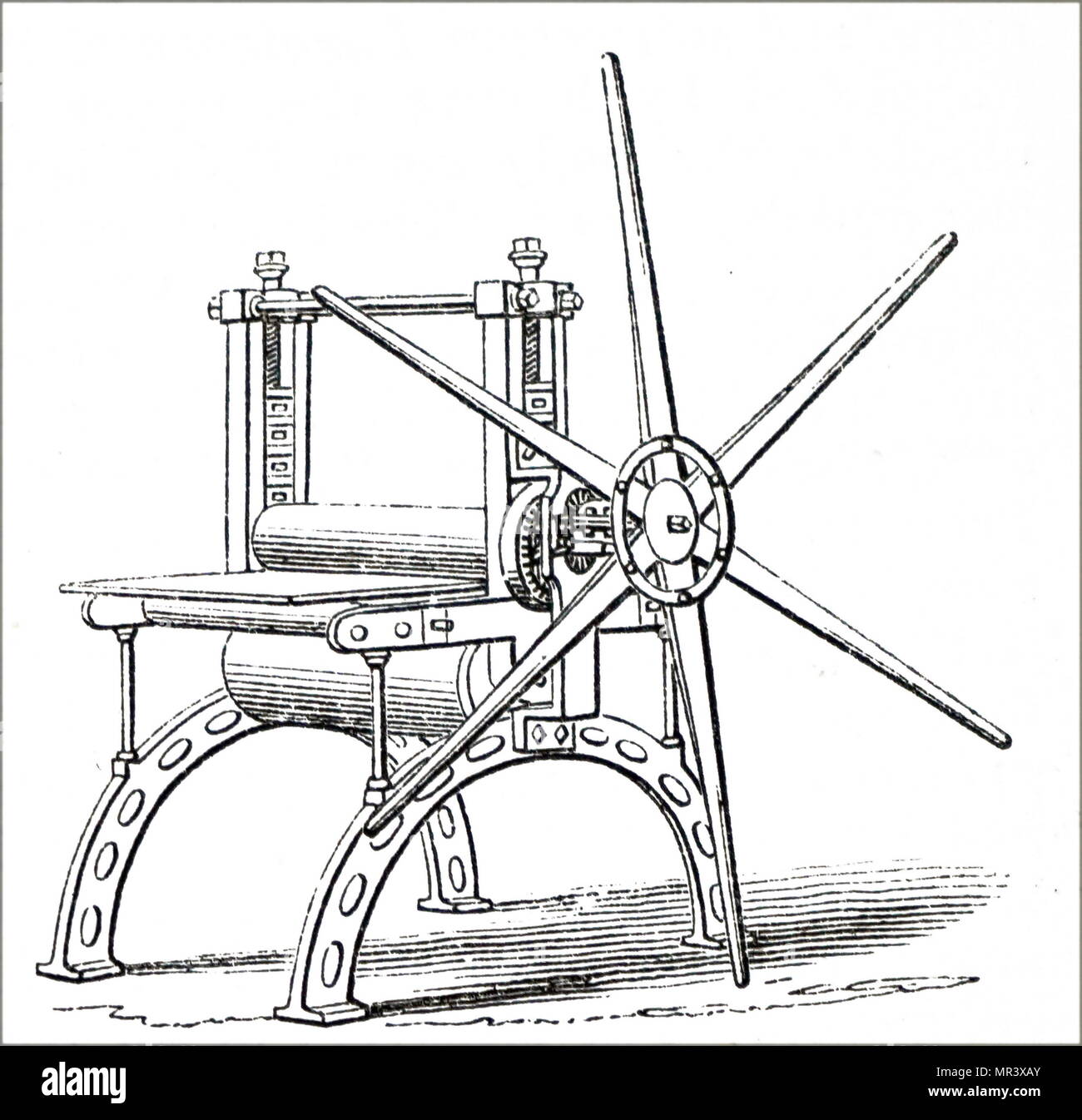 Illustrazione raffigurante una macchina da stampa. Datata del XIX secolo Foto Stock