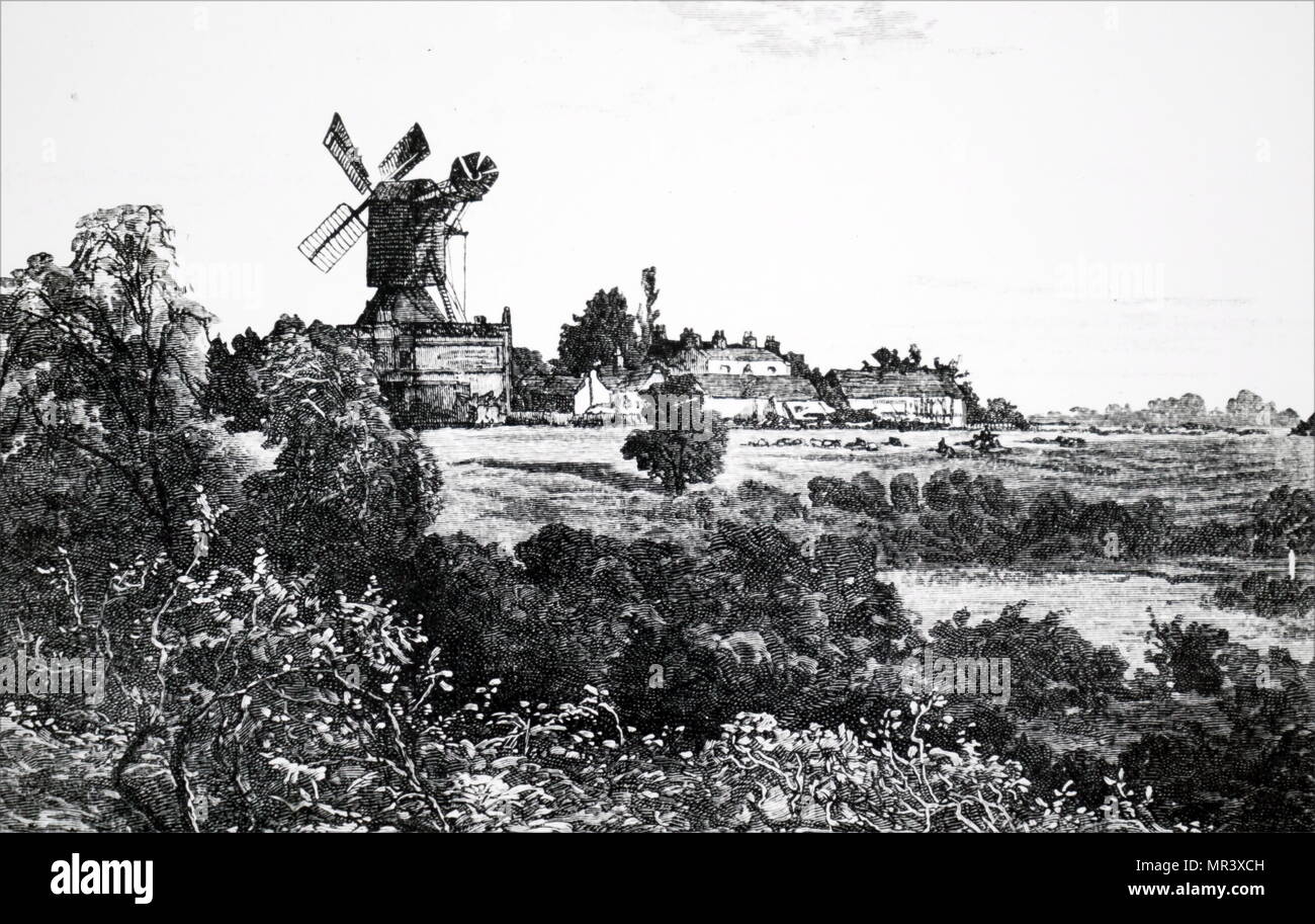Incisione raffigurante un mulino a vento su Wimbledon Common che fu demolita nel 1898. Datata del XIX secolo Foto Stock