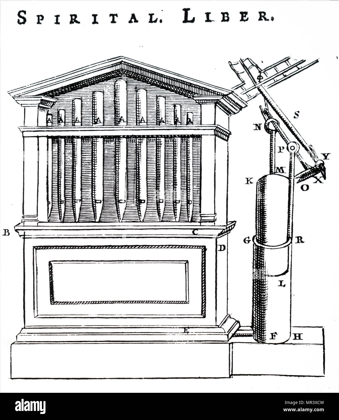Incisione raffigurante un'acqua azionata organo meccanico. L incisione raffigura come i perni sul tamburo rotante di aprire e chiudere i tubi. Risalenti al XVII secolo Foto Stock