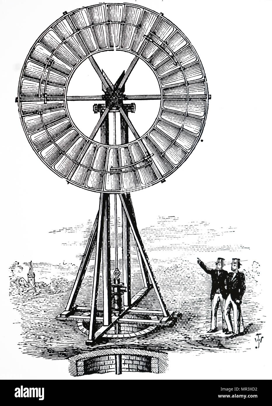 Incisione raffigurante una semplice pompa di vento montati su un bene. Datata del XIX secolo Foto Stock