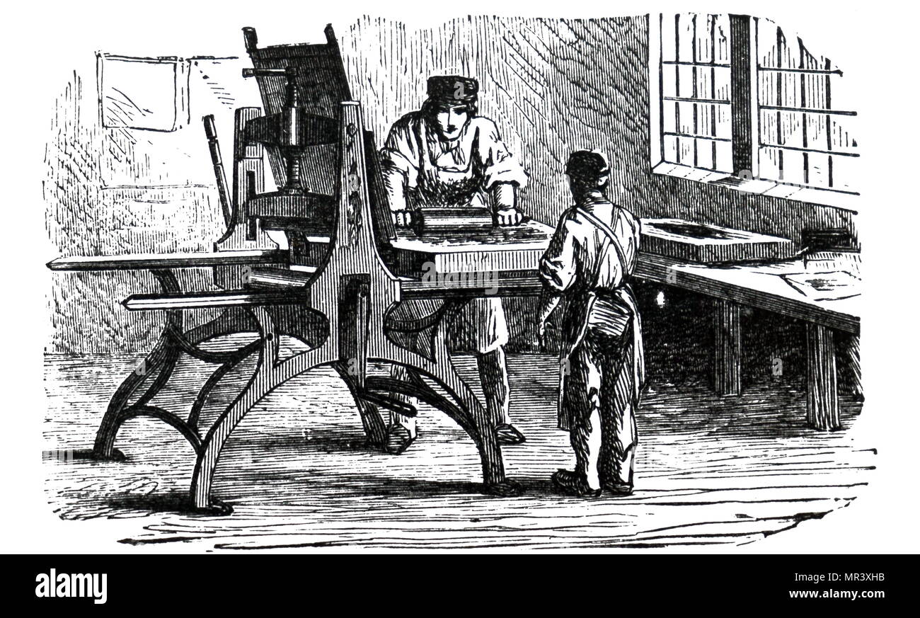 Illustrazione raffigurante una stampa litografica. Johann Alois Senefelder (1771-1834) un attore tedesco e drammaturgo che ha inventato la tecnica di stampa di litografia. Datata del XIX secolo Foto Stock