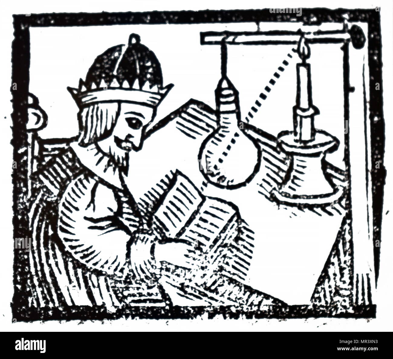 Woodblock stampa raffigurante la crescente potenza di una candela facendo passare la luce attraverso un pieno di acqua globo di vetro che ha agito come un condensatore. Risalenti al XVII secolo Foto Stock