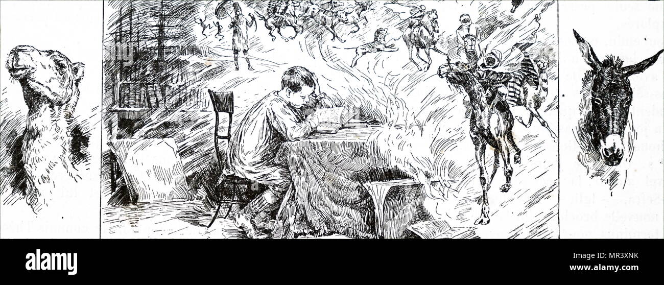 Illustrazione raffigurante un ragazzo di immaginare le scene nel suo libro su un'avventura africana. Datata del XIX secolo Foto Stock