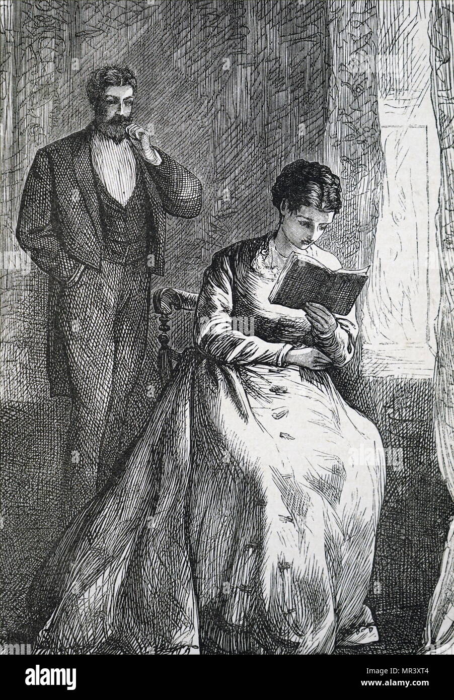Illustrazione raffigurante una giovane donna leggendo il suo libro. Illustrato Francesco Arthur Foster. Datata del XIX secolo Foto Stock