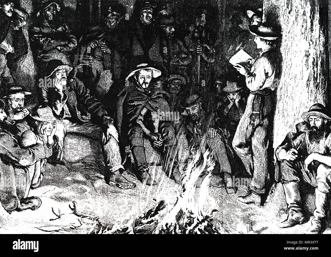 Illustrazione per il BRET Harte epico "Little Nell' che raffigura un gruppo di uomini in ascolto per 'il vecchio negozio di curiosità' mentre seduti attorno a un fuoco di campo. Il Bret Harte (1836-1902) un americano breve storia lo scrittore e poeta. Datata del XIX secolo Foto Stock