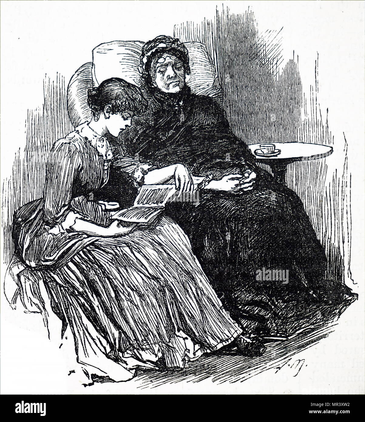 Illustrazione raffigurante una donna la lettura di un vecchio letto-ridden donna. Datata del XIX secolo Foto Stock
