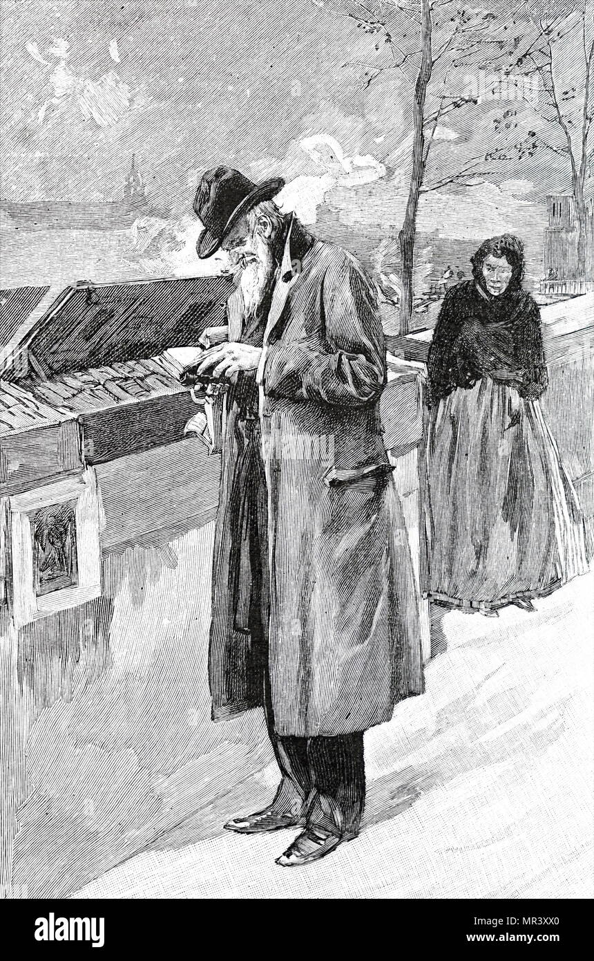 Illustrazione raffigurante un uomo vecchio navigando in una seconda mano di stallo del libro. Datata del XIX secolo Foto Stock
