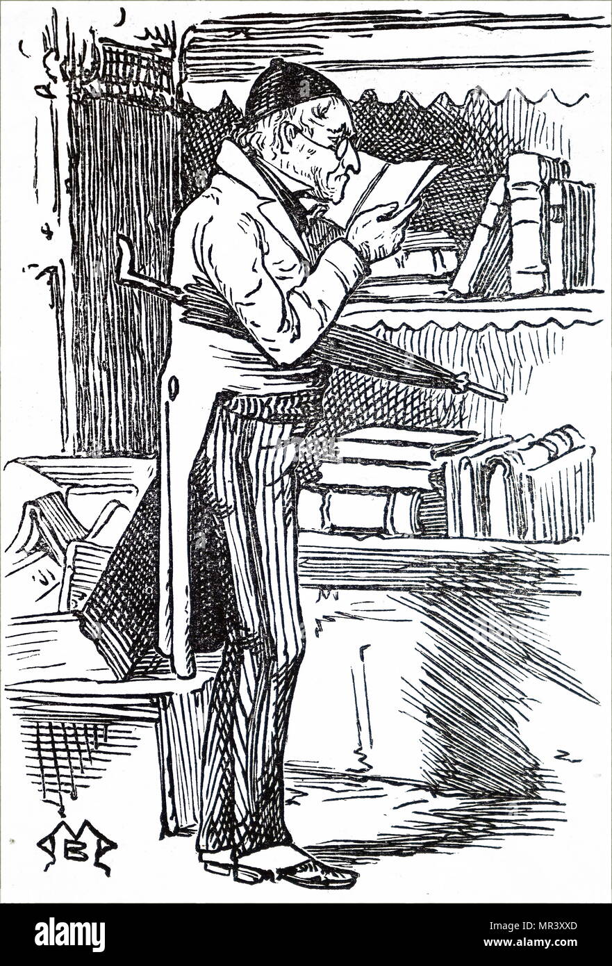 Illustrazione raffigurante un uomo vecchio navigando in una seconda mano bookshop. Datata del XIX secolo Foto Stock