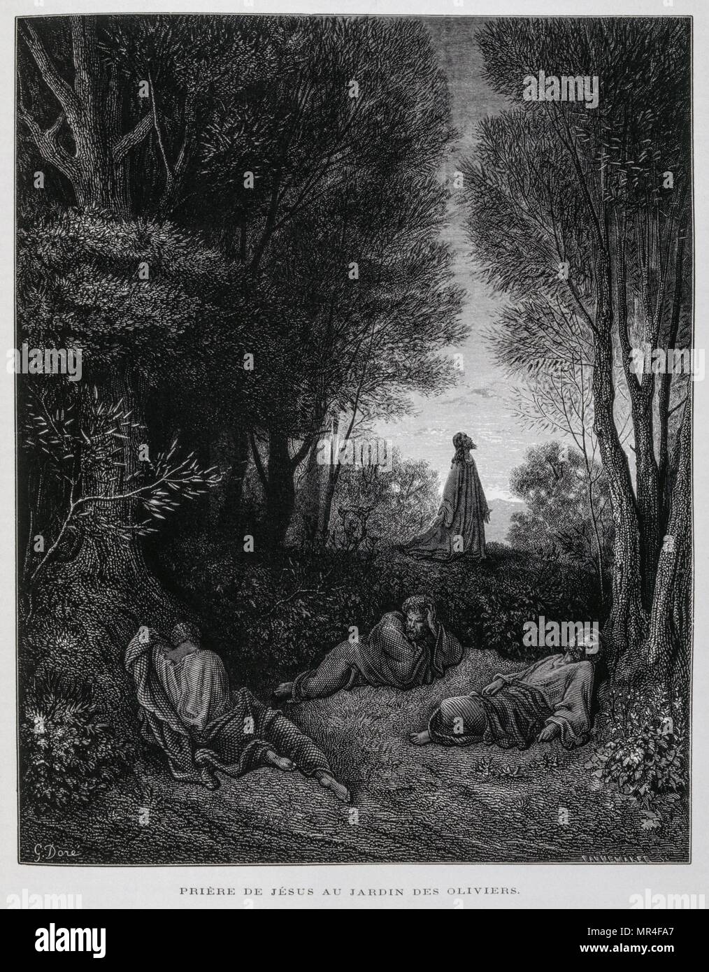 Gesù prega nel giardino del Getsemani sul monte degli Ulivi di Gerusalemme, illustrazione dal Dore la Bibbia 1866. Nel 1866, l'artista francese e illustrator Gustave Dore (1832-1883), ha pubblicato una serie di 241 incisioni in legno per una nuova edizione deluxe del 1843 traduzione francese di Biblia Vulgata, popolarmente conosciuta come la Bibbia de Tours. Questa nuova edizione è stata conosciuta come La grande Bibbia de Tours e le sue illustrazioni sono state un grande successo. Foto Stock