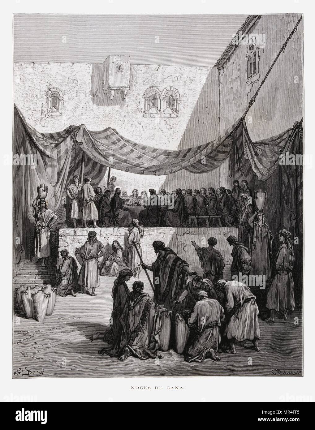 La festa di Cana, illustrazione dal Dore la Bibbia 1866. Nel 1866, l'artista francese e illustrator Gustave Dore (1832-1883), ha pubblicato una serie di 241 incisioni in legno per una nuova edizione deluxe del 1843 traduzione francese di Biblia Vulgata, popolarmente conosciuta come la Bibbia de Tours. Nuova edizione conosciuta come La grande Bibbia de Tours illustrazioni sono state un grande successo. Le Nozze di Cana (1563, anche la festa di nozze di Cana), da Paolo Veronese, è rappresentativa di un dipinto che raffigura il racconto biblico di le nozze di Cana, un banchetto di nozze a cui Gesù trasforma l'acqua al vino Foto Stock