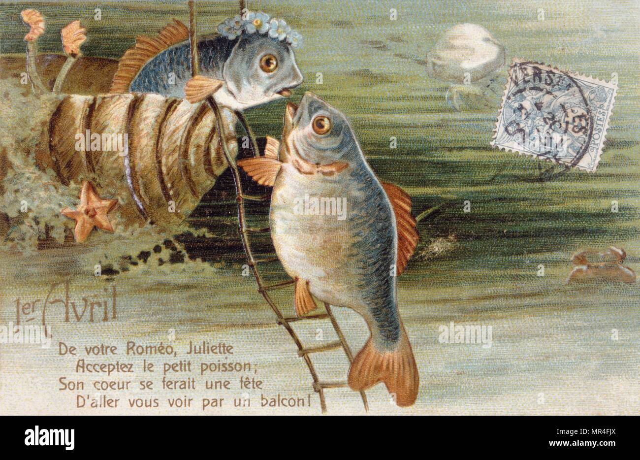 Cartolina francese con l'immagine di due pesci Foto Stock