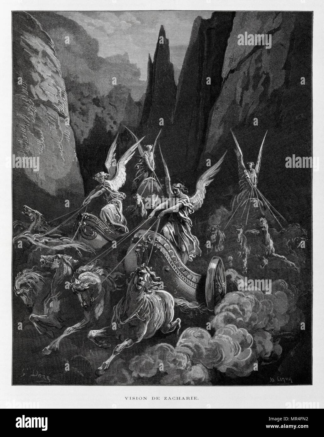 Zaccaria la visione dei quattro cavalieri dell'Apocalisse(Zaccaria 6:1-8, Illustrazione dal Dore la Bibbia 1866. Nel 1866, l'artista francese e illustrator Gustave Doré (1832-1883), ha pubblicato una serie di 241 incisioni in legno per una nuova edizione deluxe del 1843 traduzione francese di Biblia Vulgata, popolarmente conosciuta come la Bibbia de Tours. Questa nuova edizione è stata conosciuta come La grande Bibbia de Tours e le sue illustrazioni sono state un grande successo. Foto Stock