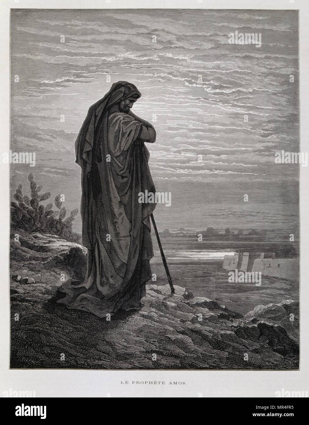 Il profeta Amos , illustrazione dal Dore la Bibbia 1866. Nel 1866, l'artista francese e illustrator Gustave Doré (1832-1883), ha pubblicato una serie di 241 incisioni in legno per una nuova edizione deluxe del 1843 traduzione francese di Biblia Vulgata, popolarmente conosciuta come la Bibbia de Tours. Questa nuova edizione è stata conosciuta come La grande Bibbia de Tours e le sue illustrazioni sono state un grande successo. Foto Stock
