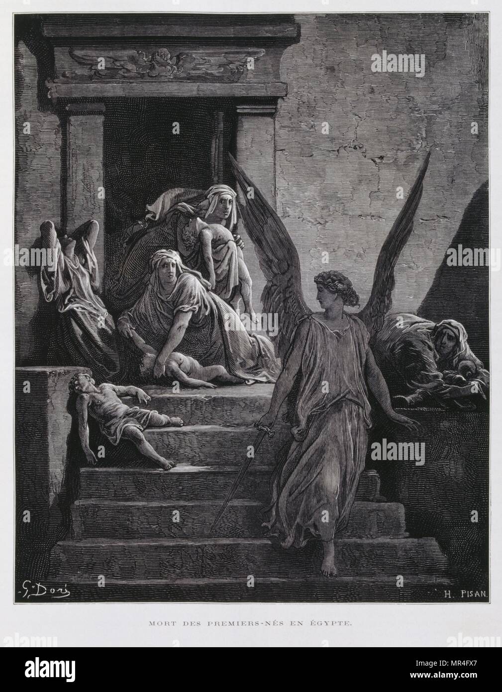 L'angelo della morte annuncia la morte del primo Data di nascita dei bambini in Egitto, uno dei flagelli visitato su Egitto per aver rifiutato di liberare il popolo ebraico, illustrazione dal Dore la Bibbia 1866. Nel 1866, l'artista francese e illustrator Gustave Doré (1832-1883), ha pubblicato una serie di 241 incisioni in legno per una nuova edizione deluxe del 1843 traduzione francese di Biblia Vulgata, popolarmente conosciuta come la Bibbia de Tours. Questa nuova edizione è stata conosciuta come La grande Bibbia de Tours e le sue illustrazioni sono state un grande successo. Foto Stock