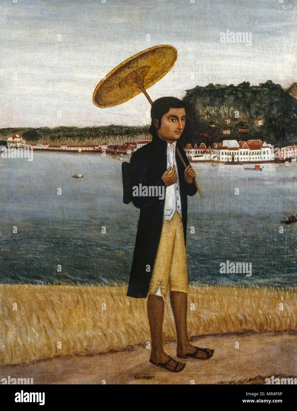 Dipinto raffigurante un giovane europeo in vestiti con un ombrellone. Scuola di Goa, XVIII secolo circa 1795, Indiano di arte coloniale Foto Stock