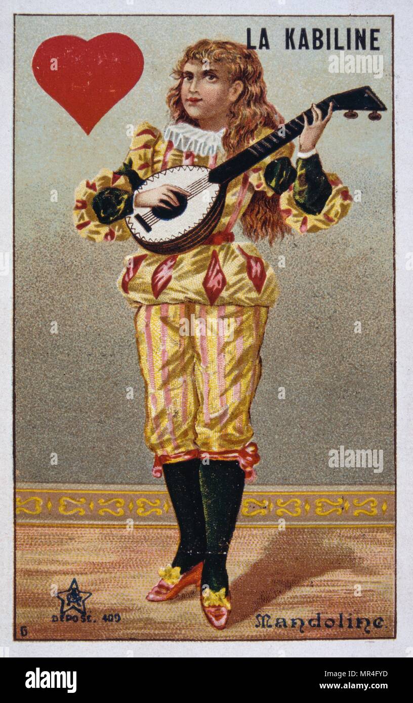 Cartolina francese del 1900 raffigurante un mandolino player in costume medievale Foto Stock