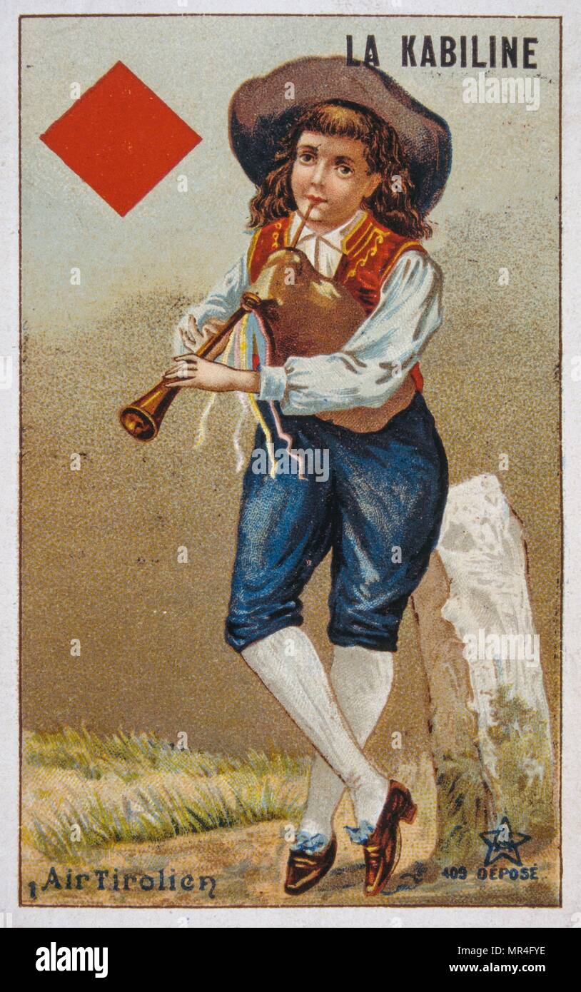 Cartolina francese del 1900 raffigurante un tirolese lettore delle cornamuse in costume tradizionale Foto Stock