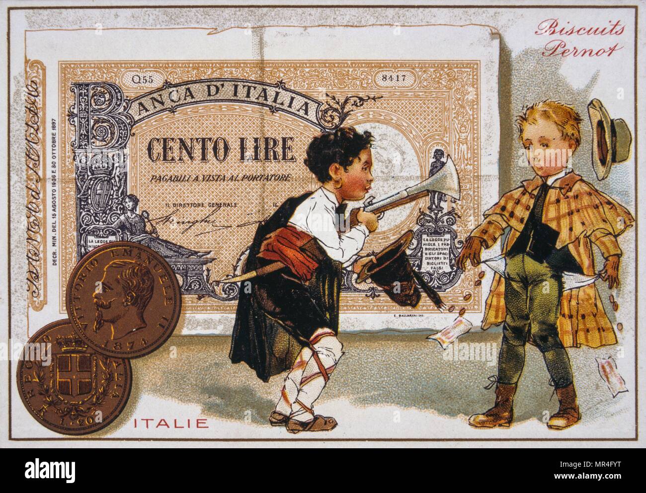 Cartolina francese del 1900 raffigurante due tradizionalmente condita ragazzi italiani contro un 100 Lira banconota Foto Stock