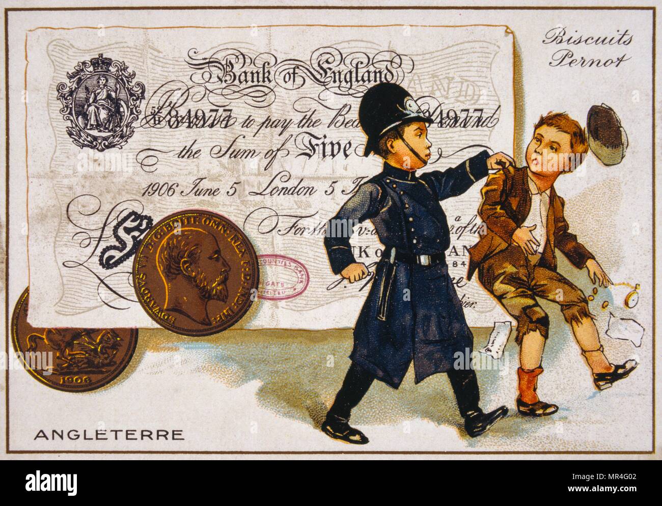 Cartolina francese del 1900 raffigurante un poliziotto britannico arresto di un ragazzo insieme contro un cinque libbra banconota Foto Stock
