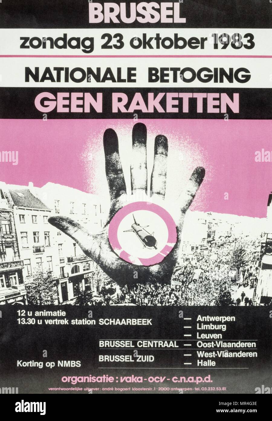 Belga contro le armi nucleari un poster per la pace 1983, prodotte durante la Guerra fredda Foto Stock