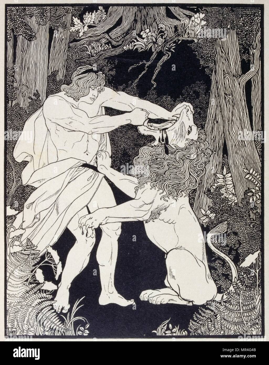 Disegno di Sansone che combatte contro un leone. Da Efraim Moses Lilien (1874-1925) un art nouveau illustrator e printmaker particolarmente notare per la sua arte su temi ebraici. Egli viene a volte chiamato "primo artista sionista Foto Stock