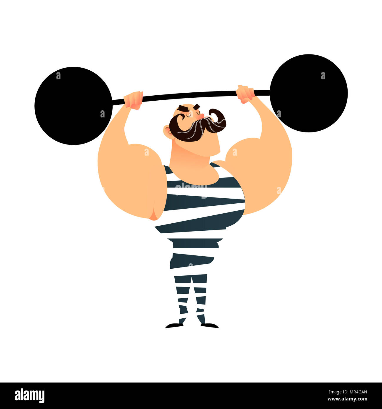 Funny cartoon circus uomo forte. Un forte muscoloso atleta solleva il barbell. Retrò sportivo con un baffi. Appartamento guy carattere con il metallo pesante barbell. Allestitore Foto Stock