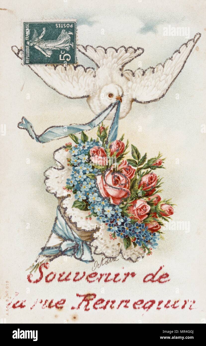 Messaggio di saluto in francese scheda con elementi floreali 1900 Foto Stock