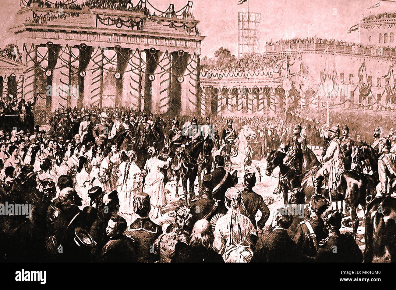 La Germania conquistando l'imperatore, William (Wilhelm) I, trionfalmente entrando in Berlin Giugno 1871 - noto anche come William Frederick Louis di Hohenzollern, Wilhelm Friedrich Ludwig von Hohenzollern e King of Prussia Foto Stock