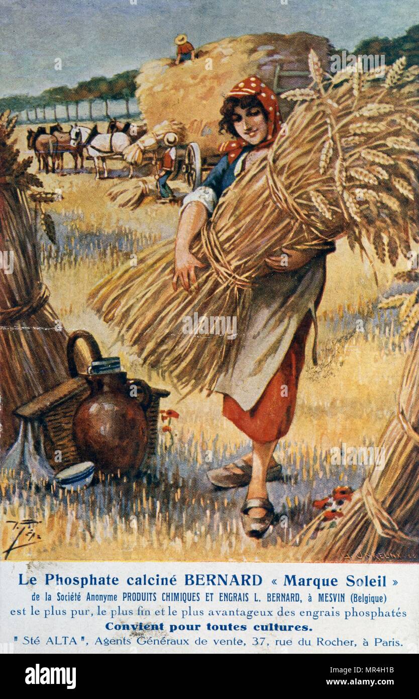 Poster raffigurante una donna francese farm operaio portante un covone di grano 1900 Foto Stock
