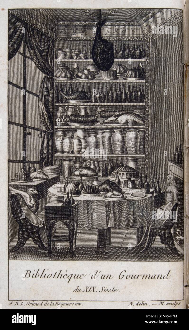 Inizio del XIX secolo il francese illustrazione di un gourmand di libreria di alimenti. 1810 Foto Stock