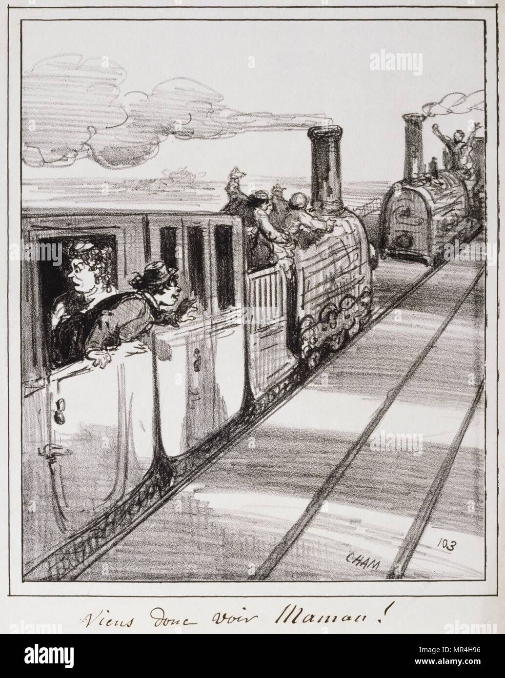 La seconda metà del XIX secolo francese illustrazione che mostra due treni che partono in direzioni opposte come passeggeri Wave addio. 1850 Foto Stock
