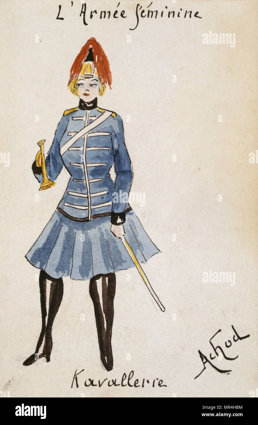 Francese art nouveau satirising cartolina donne in uniforme militare 1900: soldati di cavalleria francese Foto Stock