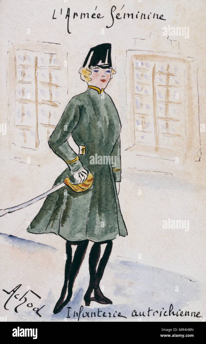 Francese art nouveau satirising cartolina donne in uniforme militare 1900: Fanteria austriaco Foto Stock